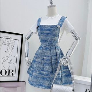 Set Váy Áo Thun body Nữ Phối Yếm Jean Xoè Xếp Li Quảng Châu Phom tôn dáng hack tuổi