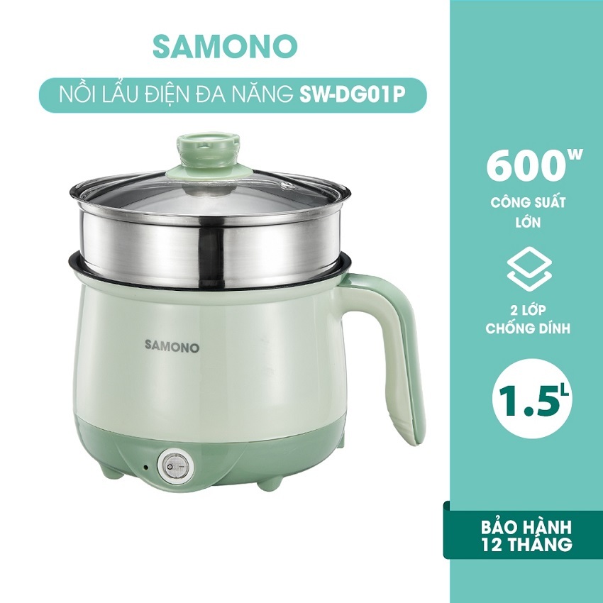 Nồi Điện Đa Năng Dung Tích 1.5L Samono SW-DG01P Phủ 2 Lớp Chống Dính, Công Suất 600W, Kèm Xửng Hấp