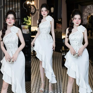 Đầm lệch vai hoa quấn tiểu thư dự tiệc sang chảnh
