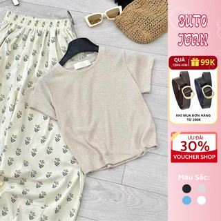 Set đồ nữ áo thun tăm mix quần đũi suông họa tiết hoa Jeansuto, đồ bộ nữ áo cổ tròn tay ngắn hcom2681