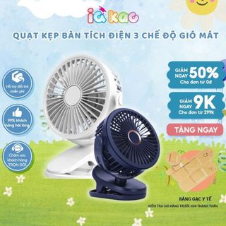 Quạt kẹp tích điện mini, quạt để bàn xoay 720 độ, nhỏ gọn tiện lợi IQKAO kèm pin tích điện và dây sạc
