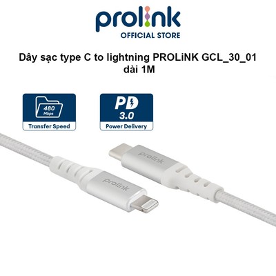 Dây sạc type C to lightning PROLiNK GCL_30_01 dài 1M, Sạc siêu nhanh 30W, Dành cho iPhone, iPad