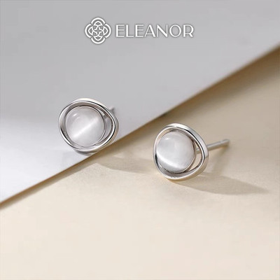 Bông tai nữ chuôi bạc 925 Eleanor Accessories hình tròn khuyên tai đính đá phụ kiện trang sức 7927