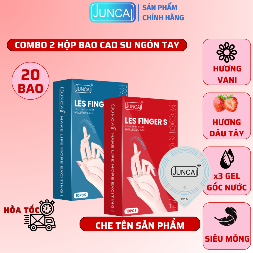 Combo 2 hộp 20 bao bao cao su ngón tay Juncai siêu mỏng nhiều gel hương dâu tây và vani dịu nhẹ