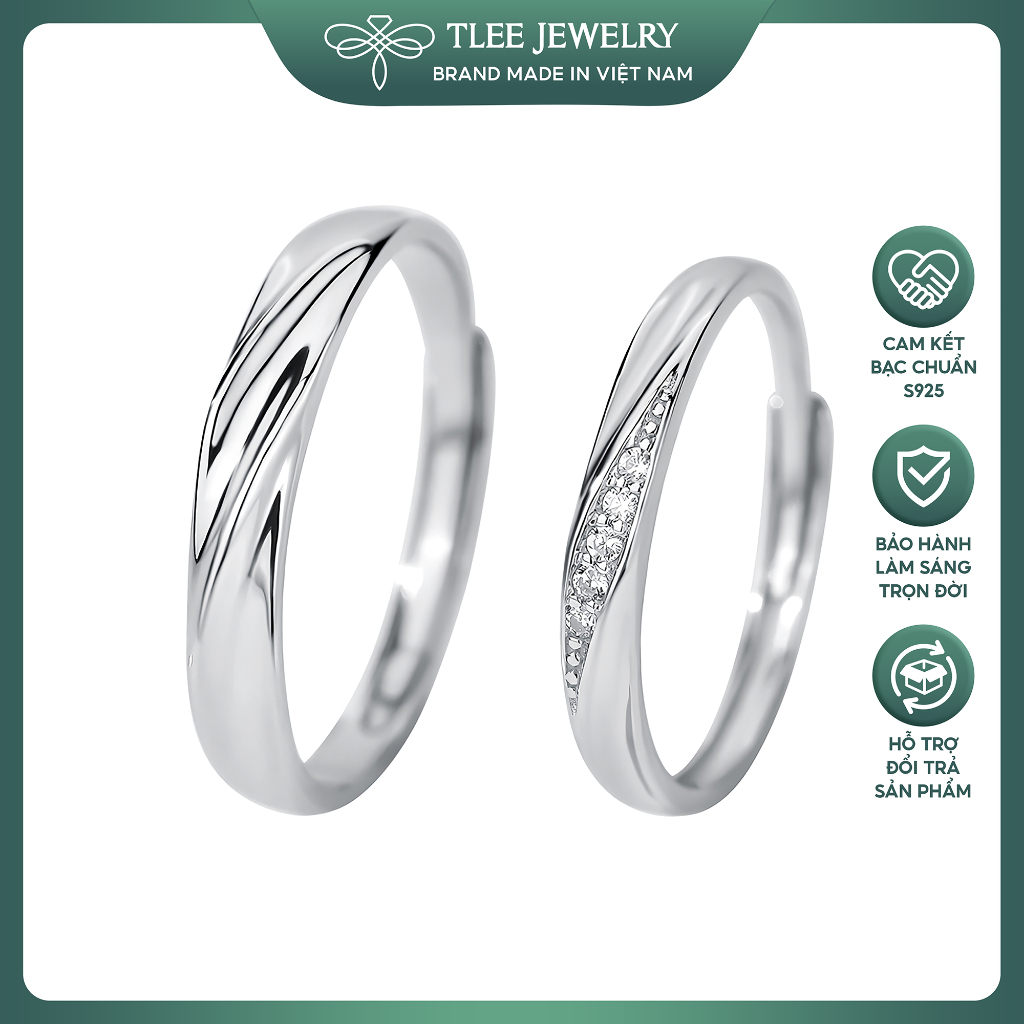 Nhẫn đôi bạc TLEE, nhẫn đôi sóng đá kết nối đính đá TLEE JEWELRY