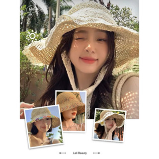 Mũ Cói Xinh Đi Biển Phong Cách Vintage Thêu Hoa Phối Ren Xinh Xắn