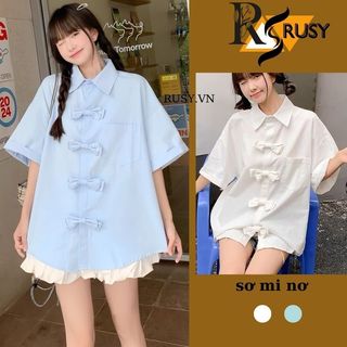  Áo Sơ Mi Nữ Đính Nơ Tay Ngắn Form Rộng Màu Trắng Xanh Đi Học Tay Lỡ Vạt Bầu Coquette Cộc Tay RUSY 