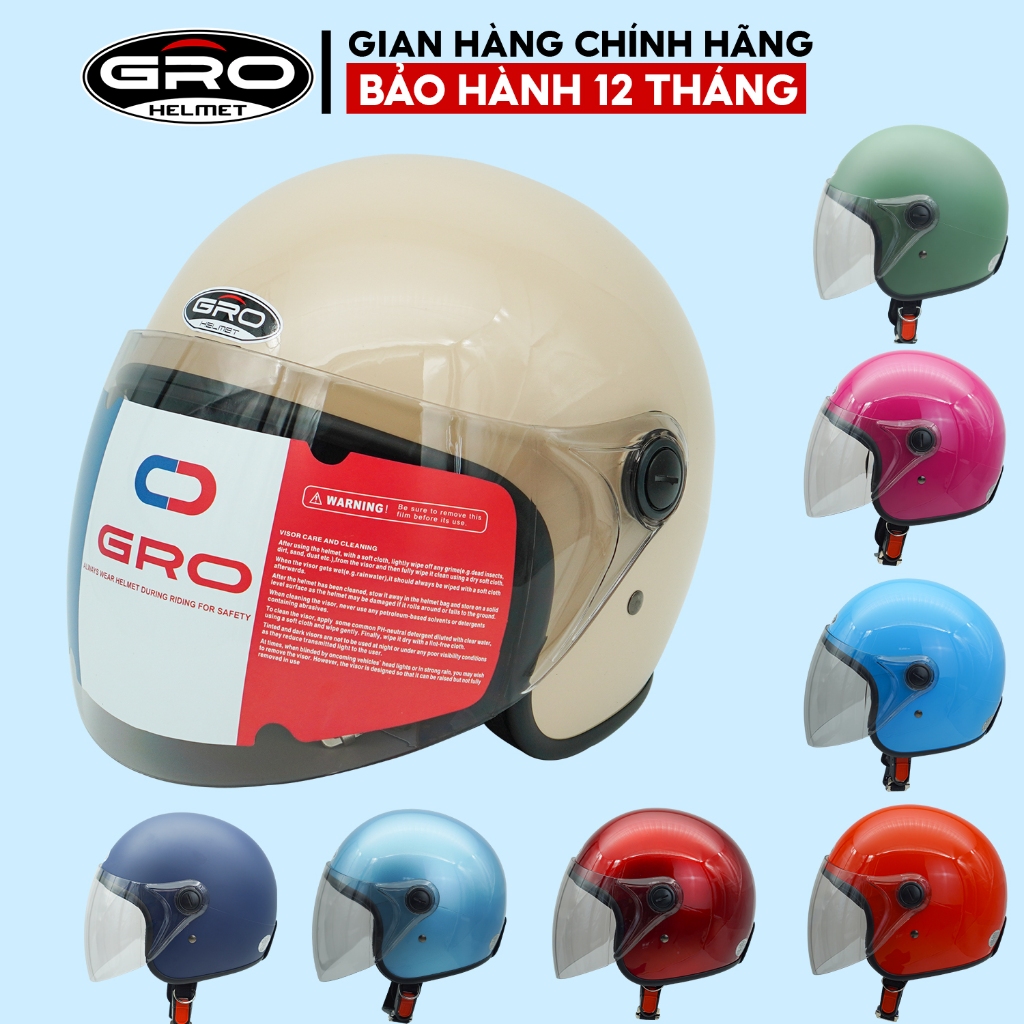 Mũ Bảo Hiểm 3/4 đầu GRO Helmet T818 có kính dài che cả mặt, kiểu dáng thời trang cho nữ, khóa kim loại - Nhiều Màu
