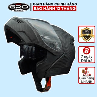 Mũ Bảo Hiểm Fullface GRO Helmet Vân Cacbon, mũ phượt thiết kế 2 kính lật hàm, khóa kim loại chắc chắn