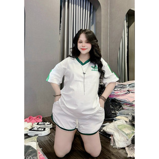 Set Bộ Đồ Nữ Adidass Sọc Áo Phông Phối Màu Tay Viền Cổ Logo Thêu Mix Quần Sooc Đùi Freesize