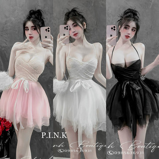 Váy ren 2 dây phối lưới xoè phối dây nơ xinh xỉu