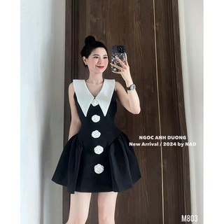 ĐẦM ĐEN CỔ NHỌN TRẮNG TAG HOA NHIỀU (KÈM VIDEO HÌNH THẬT)
