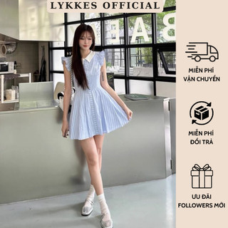 [ Kèm ảnh thật ] Đầm Kẻ Xanh Biển Phối Cổ Trắng Váy Tay Hến Búp Bê Chất Hai Lớp Họa Tiết Thêu Đính Khuy Nấm
