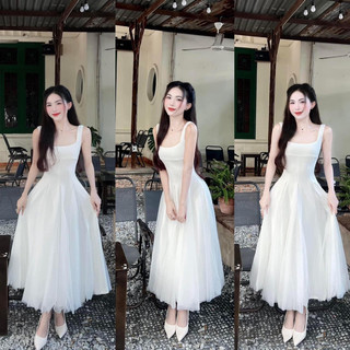 Váy trắng dự tiệc 2s phối voan xoè