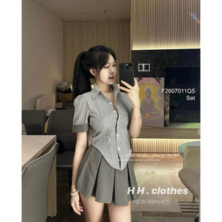 Set bộ áo sơ mi tay ngắn phồng kèm chân váy xếp ly viens store