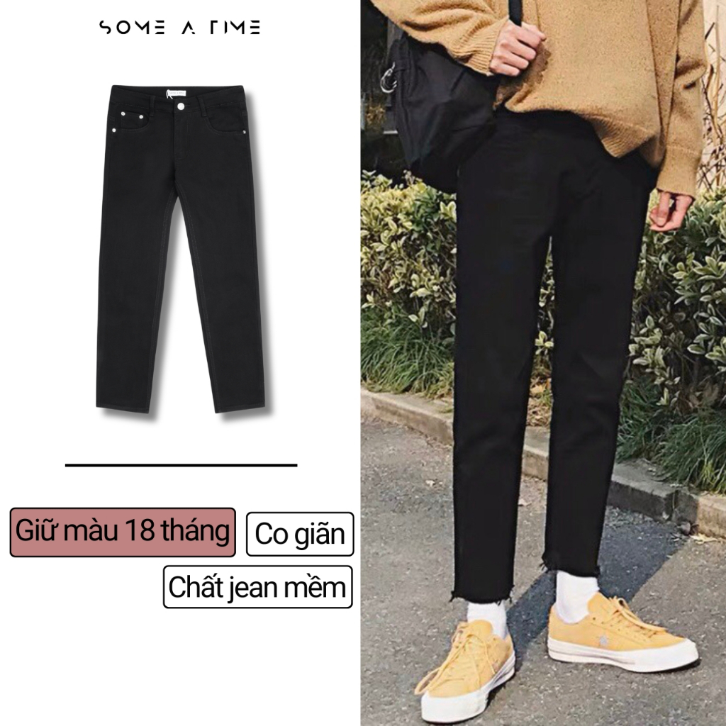 [Tiền Nào Của Đấy]Quần Jean Nam Đen Ống Đứng Cho Học Sinh Đi Học, Đi Làm Dáng Slimfit Vải Co Giãn 4 Chiều Không Phai Màu