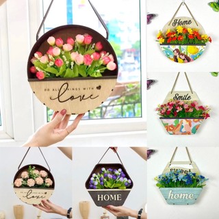Giỏ hoa gỗ kèm hoa treo tường trang trí decor gia đình nhà cửa cắm sẵn