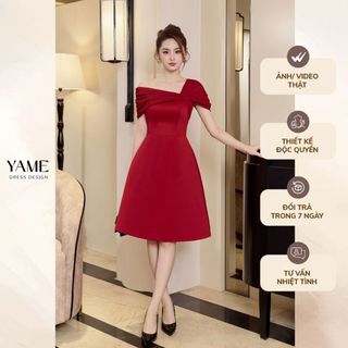 Váy nữ dáng A vải tafta cổ lệch vai cách điệu phối tơ màu đỏ sang trọng YAME YV320