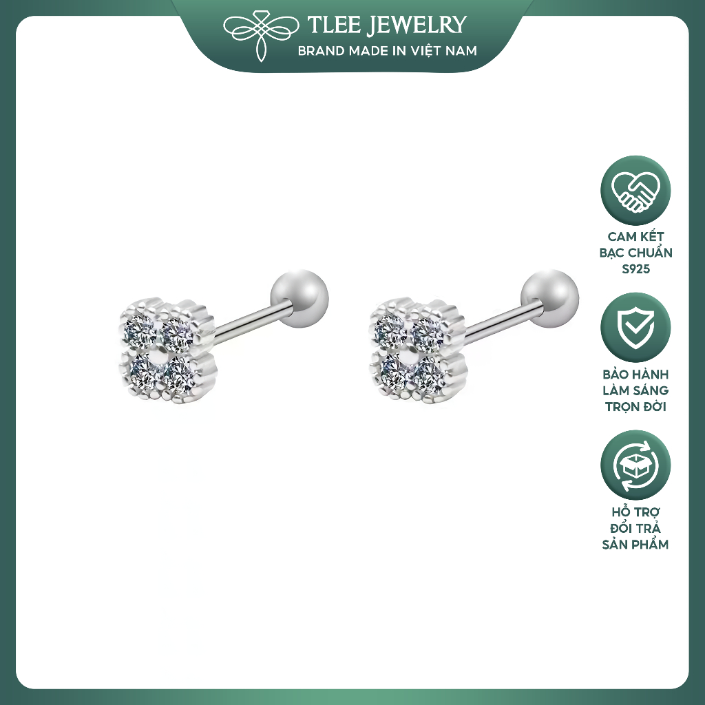 Khuyên tai bạc nữ TLEE cỏ bốn lá đính đá chốt ren bi xinh xắn TLEE JEWELRY B0419