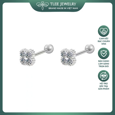 Khuyên tai bạc nữ TLEE cỏ bốn lá đính đá chốt ren bi xinh xắn TLEE JEWELRY B0419