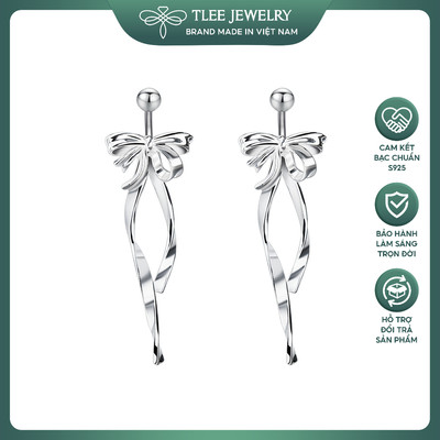 Khuyên tai bạc nữ TLEE nơ thắt trơn dáng dài chốt ren bi xinh xắn TLEE JEWELRY B0538