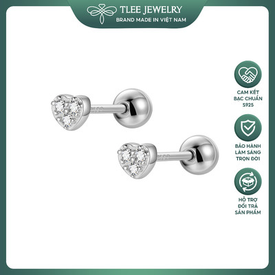 Khuyên tai bạc nữ TLEE tim đá mini chốt ren vặn xinh xắn TLEE JEWELRY B0254