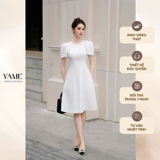 Váy nữ dáng A màu trắng đính hạt cườm vai chờm cách điệu thanh lịch YAME YV335
