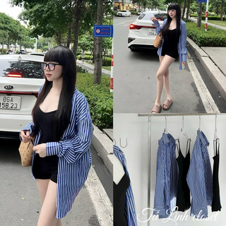 Set jumpsuit hai dây sporty kèm sơ mi kẻ sọc oversize