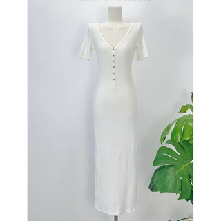 HIPU.VNXK - Đầm midi thun body F21 cổ tim phối nút ngực.