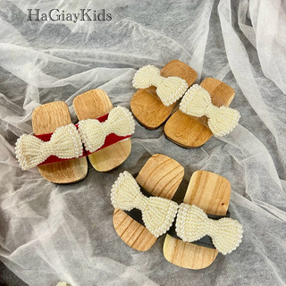 Guốc mộc đế gỗ trang trí nơ ngọc 2 cánh thủ công tỉ mỉ