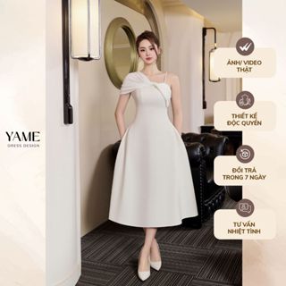 Váy nữ dáng A xoè đổ múi ngực phối vải thun xếp xoắn cách điệu lệch vai có dây YAME YV304