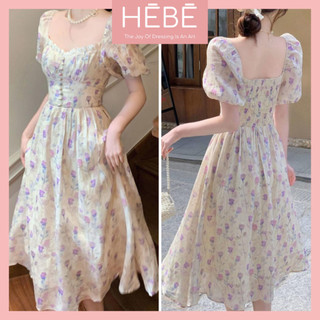 Set váy nữ Keiko Dress cổ vuông họa tiết hoa đính cúc chân váy dáng xòe, Đầm nữ thời trang chất tơ tằm cao cấp HEBE