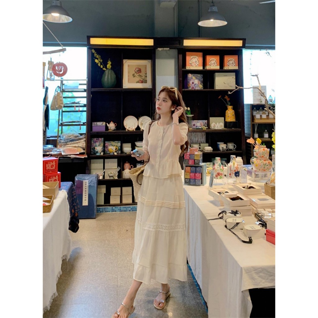 Set váy nữ Kirin thiết kế áo kèm chân váy dáng babydoll xòe tầng xếp ly, Bộ đồ nữ thời trang chất tơ tằm cao cấp HEBE | BigBuy360 - bigbuy360.vn