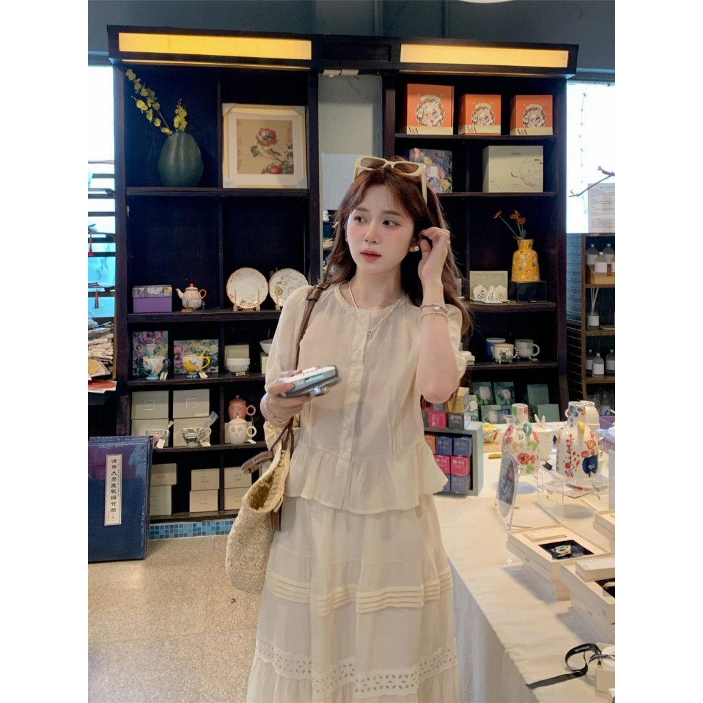 Set váy nữ Kirin thiết kế áo kèm chân váy dáng babydoll xòe tầng xếp ly, Bộ đồ nữ thời trang chất tơ tằm cao cấp HEBE | BigBuy360 - bigbuy360.vn