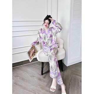Pijama Bigsize,Lụa Latin Tơ Tằm In Hình Hoa Tulip Tím Sang Trọng