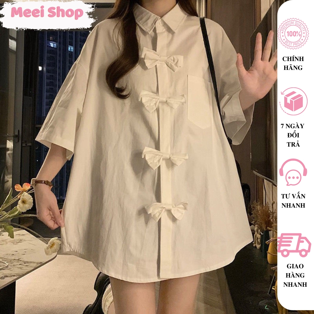 Áo sơ mi form rộng tay lỡ đính cúc Nơ chất kate phong cách Hàn Quốc nữ tính Meei Shop, Áo sơ mi rộng đi học đi chơi-ASM2