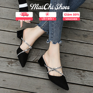Sục nữ sục cao gót mũi nhọn gót vuông, Giày cao got 7cm 2 màu đen trắng sành điệu thời trang