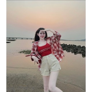 BIGSIZE HIẾU HIẾU (55-95KG) - Set thời trang nữ 3 món Áo dây in chữ + Áo sơ mi caro tay dài + Quần đùi kem