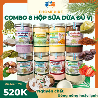 Combo 8 hộp bột sữa dừa đủ vị sầu riêng, cacao, gạo lứt, đậu xanh, hạt sen, dâu, xoài, khoai môn