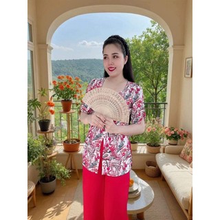 Hoạ Mi 7D Bigsize 45kg-70kg / Bộ Bà Ba Tay Nơ Ngắn Cổ Vuông Nút Ngọc / Bộ Đồ Đi Chùa Lụa Nhật