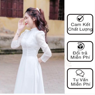 Áo Dài Trắng ( TAY BỒNG)Truyền Thống Nữ Học Sinh Kỷ Yếu 2 Tà 4 Tà  Vải Lụa Mỹ Voan Tơ Đính Ngọc Hàng May Sẵn