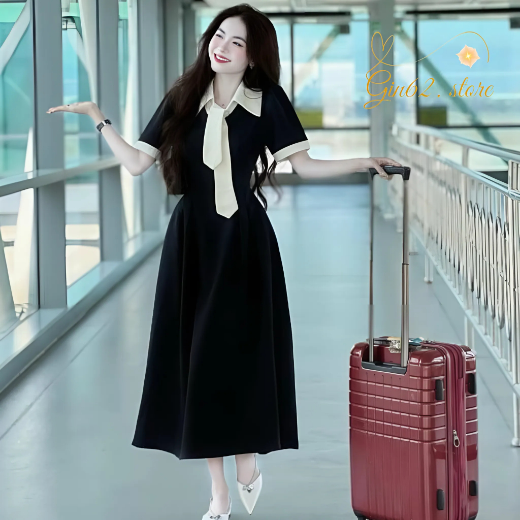 Váy nữ - Đầm dự tiệc dáng dài phối cà vạt tone màu đen thích hợp đi làm hoặc đi chơi Gin62.store