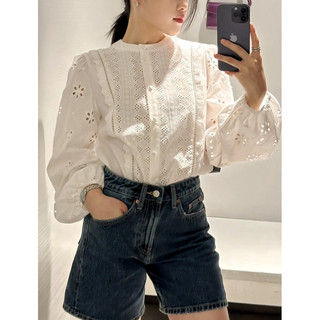 𝓝𝓮𝔀 ‖ Sơ mi trắng cổ tròn thêu lỗ phong cách Âu Mỹ