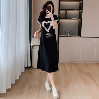 Váy suông nữ cộc tay phối biền trái tim đính nơ, đầm suông cổ tròn xẻ tà