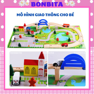 Bộ Mô Hình Giao Thông Gỗ Rail Overpass, Đồ Chơi Đường Ray Cầu Vượt Kèm 4 Ô Tô Cho Bé, Shop BONBITA