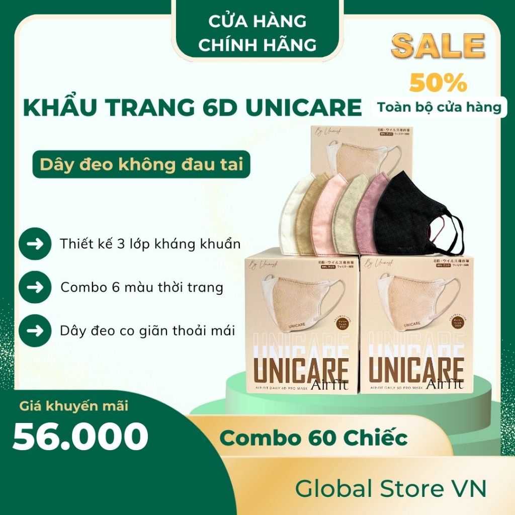 Khẩu Trang 6D Unicare Pro Mask 60 Chiếc Mix 6 Màu - Kháng Khuẩn 3 Lớp | UNICARE