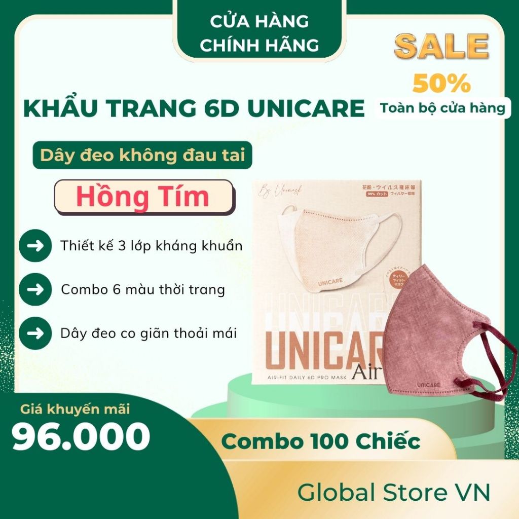 UNICARE 100c Khẩu Trang 6D Màu Hồng Tím Pro Mask - Khẩu Trang Chính Hãng Chống Bụi & Virus