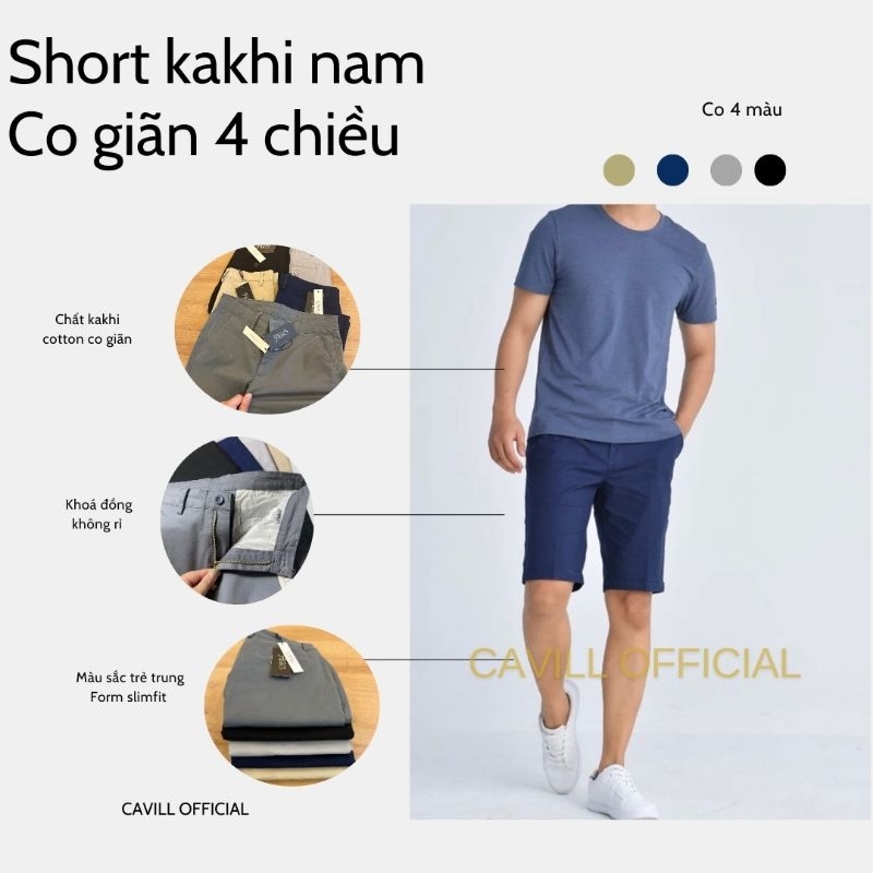 Quần Short Kakhi nam CAVILL, Dáng Slimfit năng động, trẻ trung, Co giãn tốt, Bền màu, Nhẹ mát