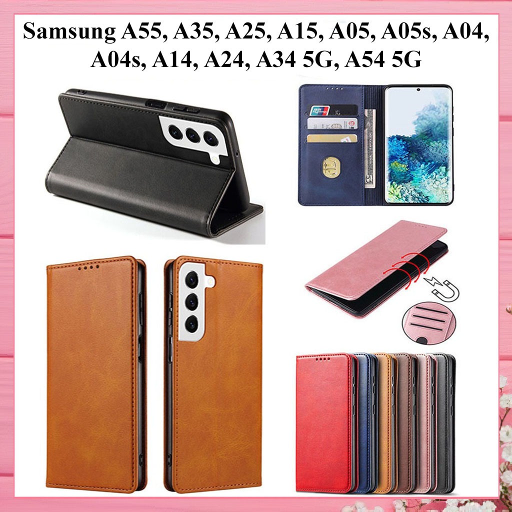 Bao da Samsung A55, A35, A25, A15, A05, A05s, A04, A04s, A14, A24, A34 5G, A54 5G, A06 A06s kiểu ví nắp gập