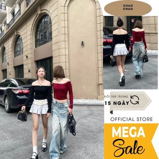 áo nữ trễ vai CHAO CHAO kiểu dáng dài tay trơn hai mầu đỏ đen body cotton co gĩan trắng đen T08